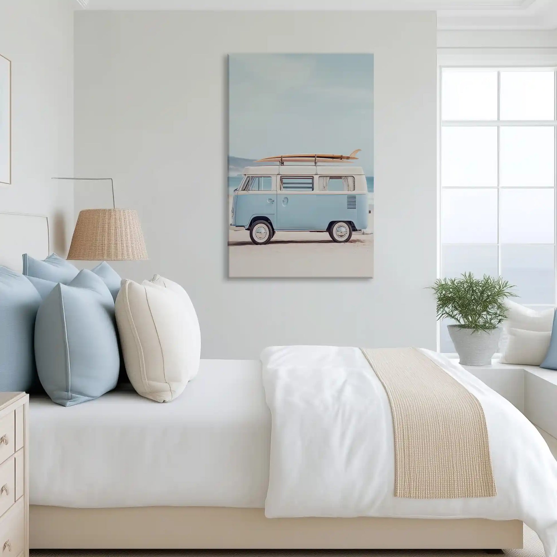 Tranquil seaside van canvas art complementing modern beach-inspired home decor