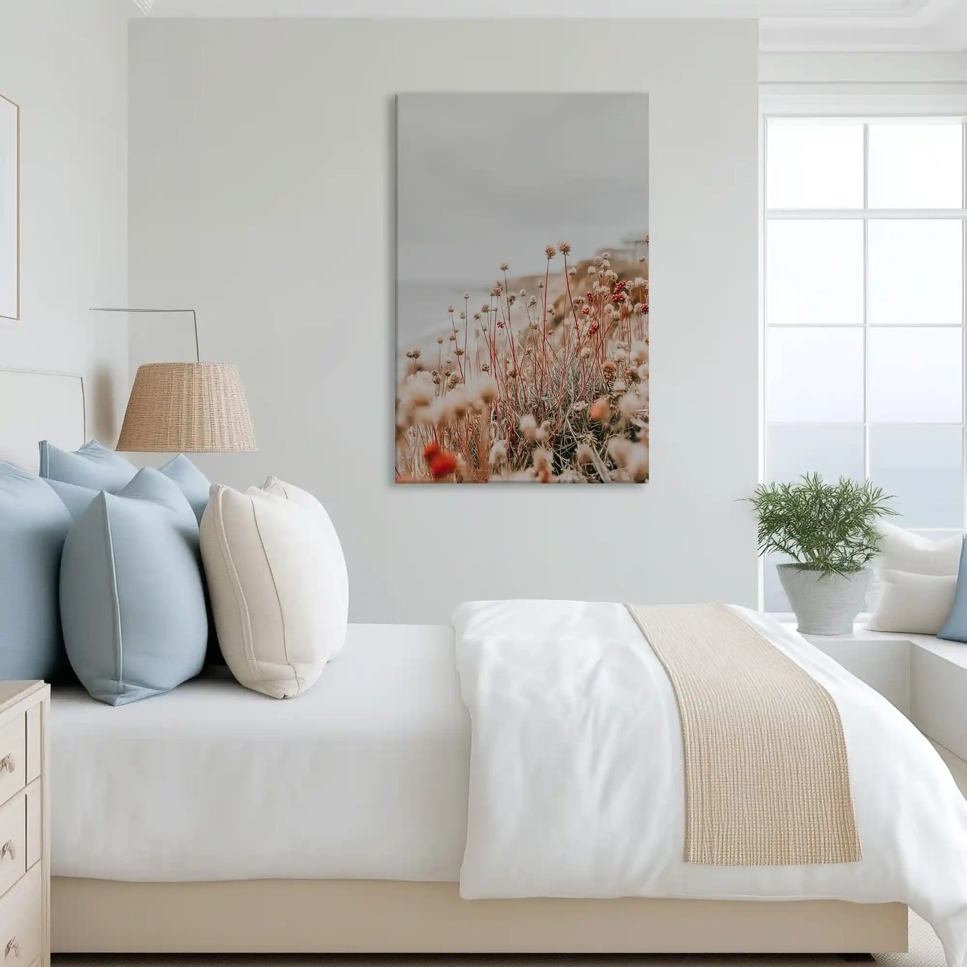 Tranquil field scene canvas art complementing Scandinavian interior style