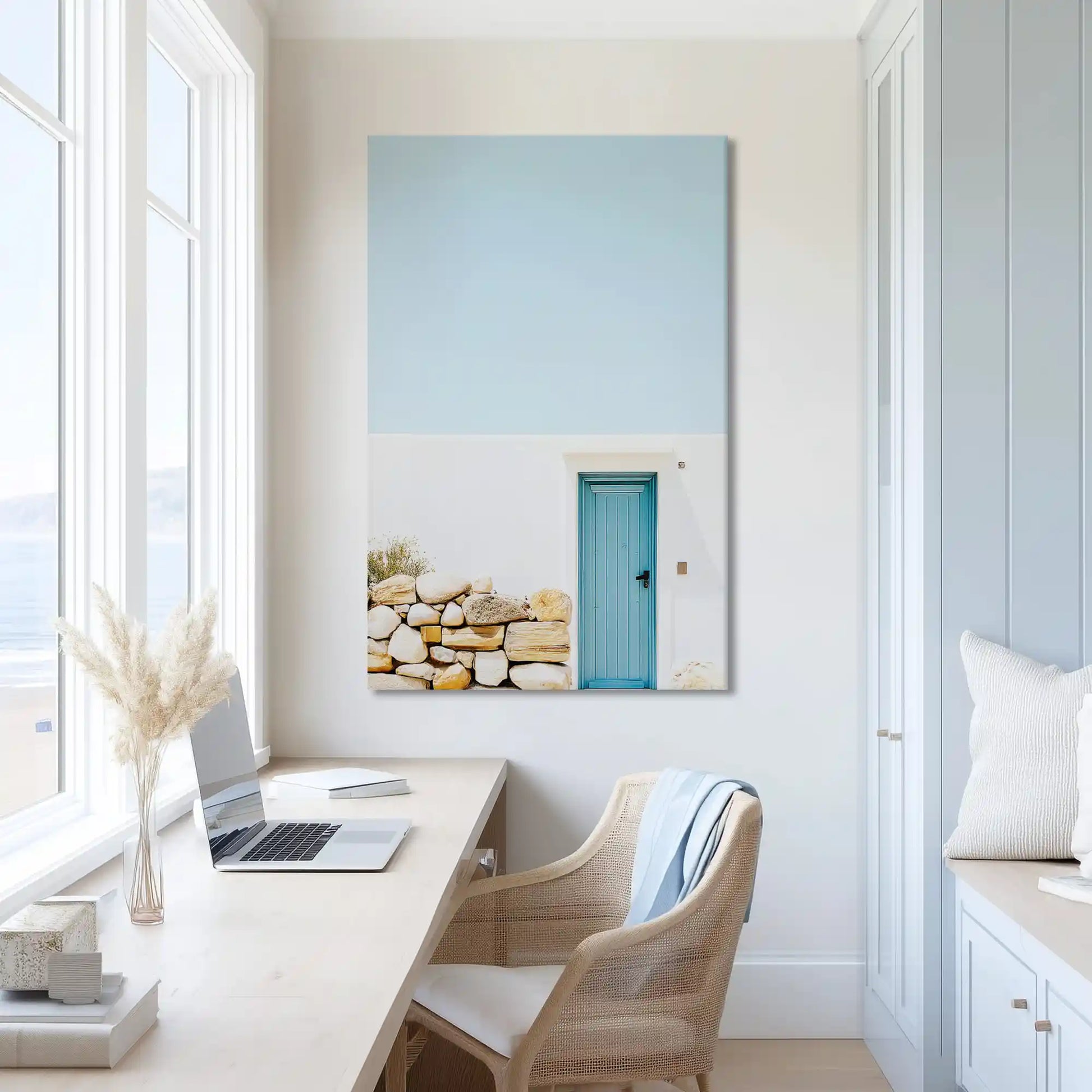 Peaceful village entrance painting with pastel tones, ideal for dining room or airy bedroom design