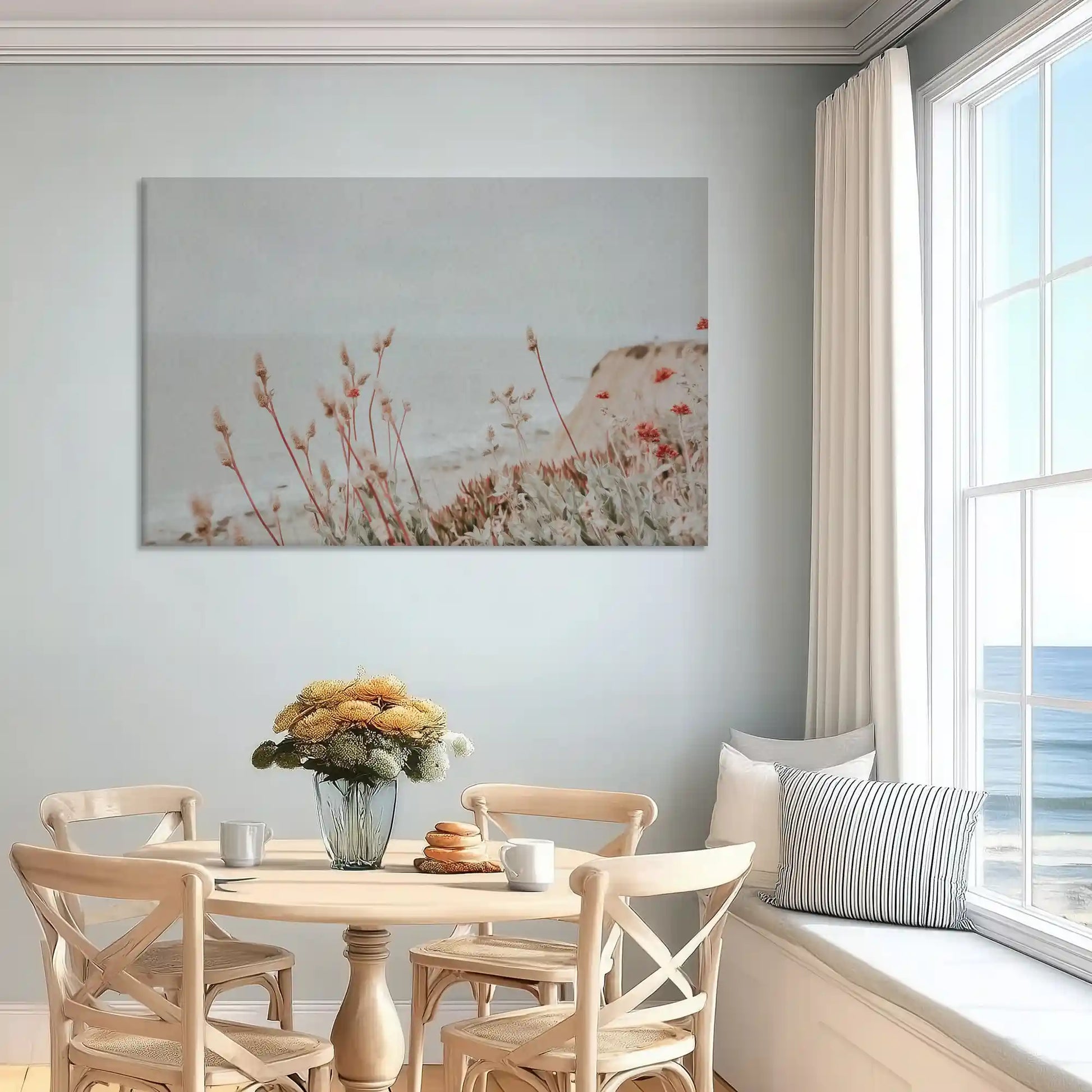 Neutral coastal flowers canvas art enhancing serene bedroom wall design
