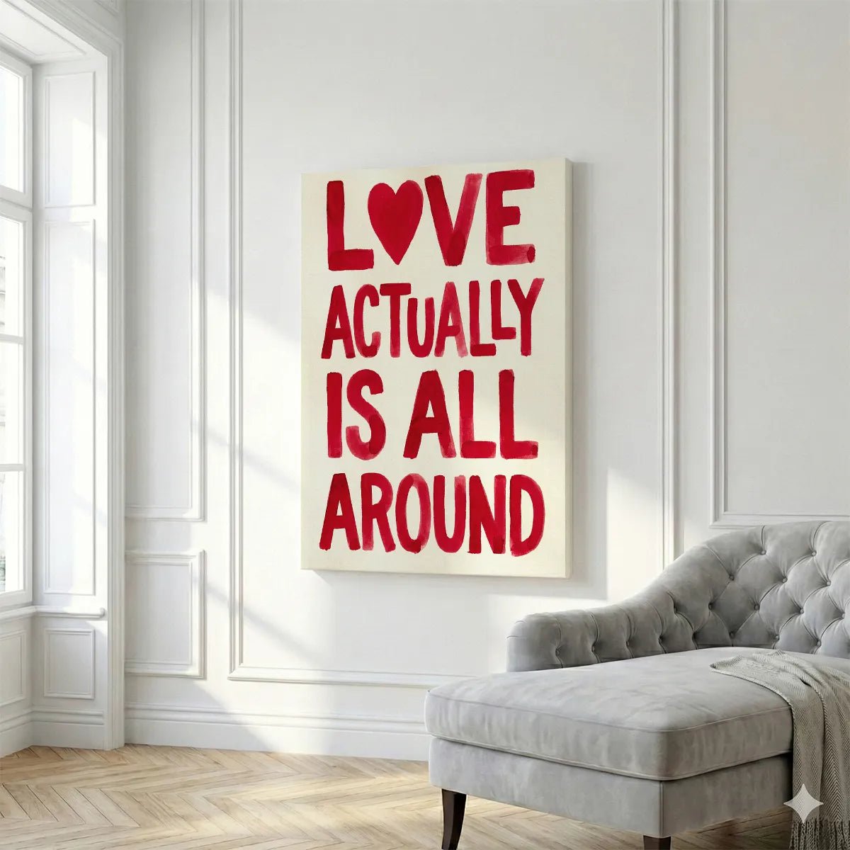 Romantic canvas wall decor with high-contrast red and white palette, featuring hand-lettered typography and heart iconography.