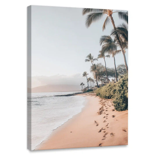 Tropical beach canvas wall art for bedroom featuring palm trees and sandy shoreline with footprints
