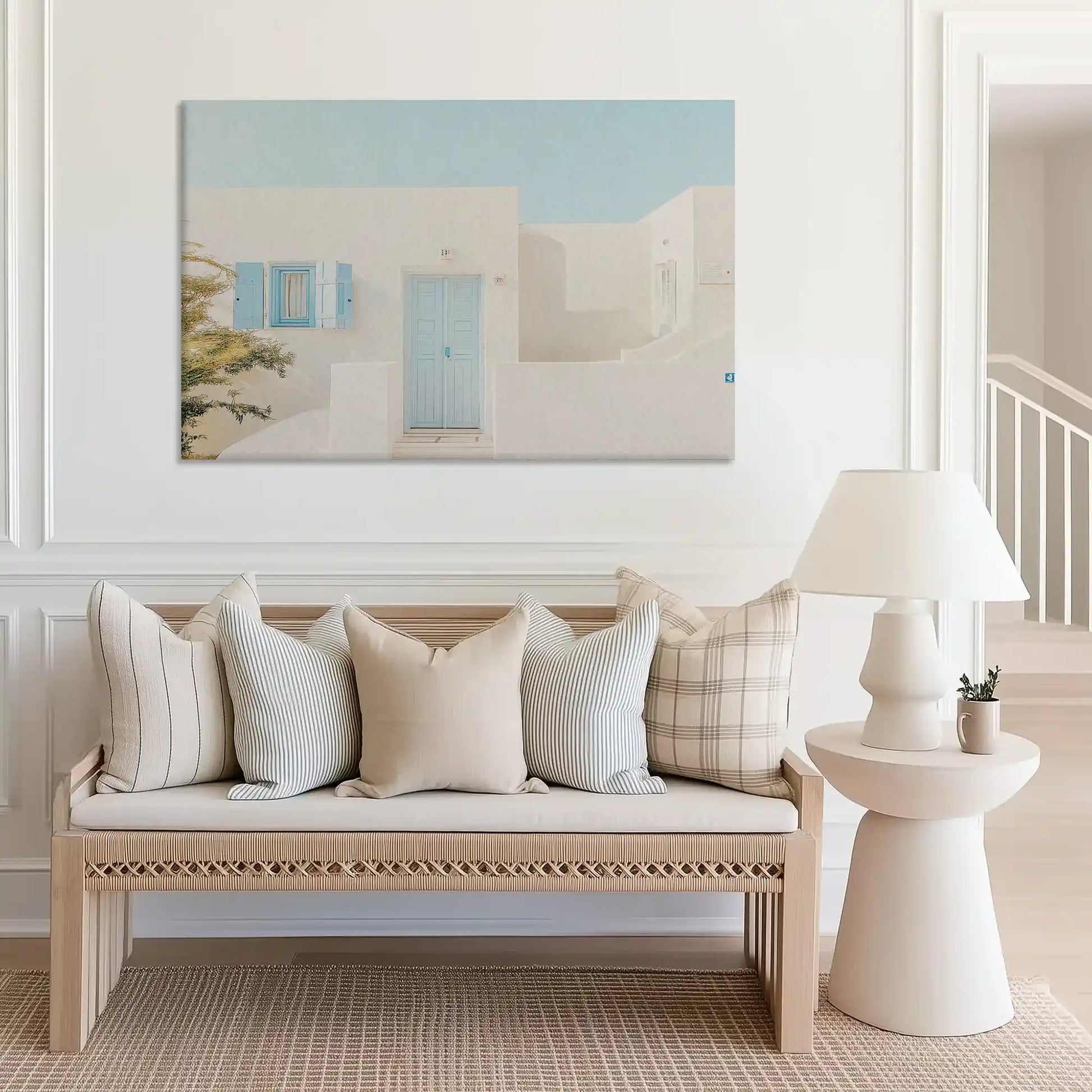 Large seaside architecture canvas print perfect for above sofa placement in bright rooms
