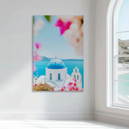 Soft pastel Santorini wall art bringing serene and airy mood with vibrant pink floral accents above the sea