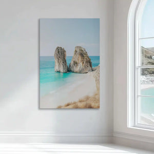 Soft aqua and beige seascape wall decor bringing natural calm to bright modern interiors