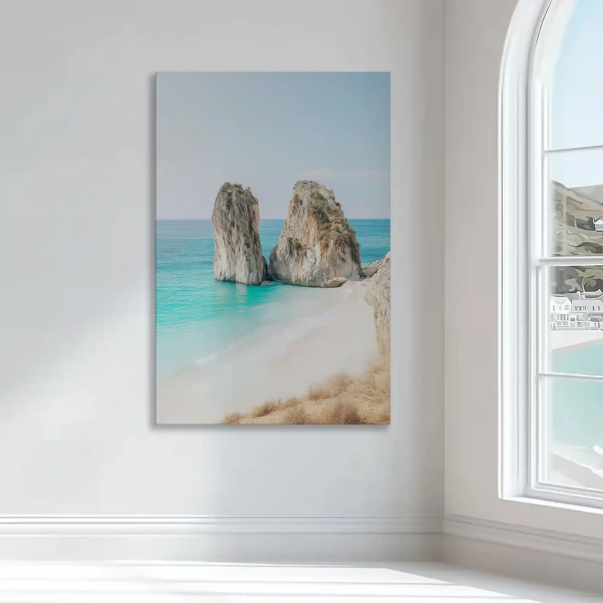 Soft aqua and beige seascape wall decor bringing natural calm to bright modern interiors
