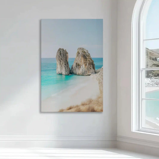 Soft aqua and beige seascape wall decor bringing natural calm to bright modern interiors