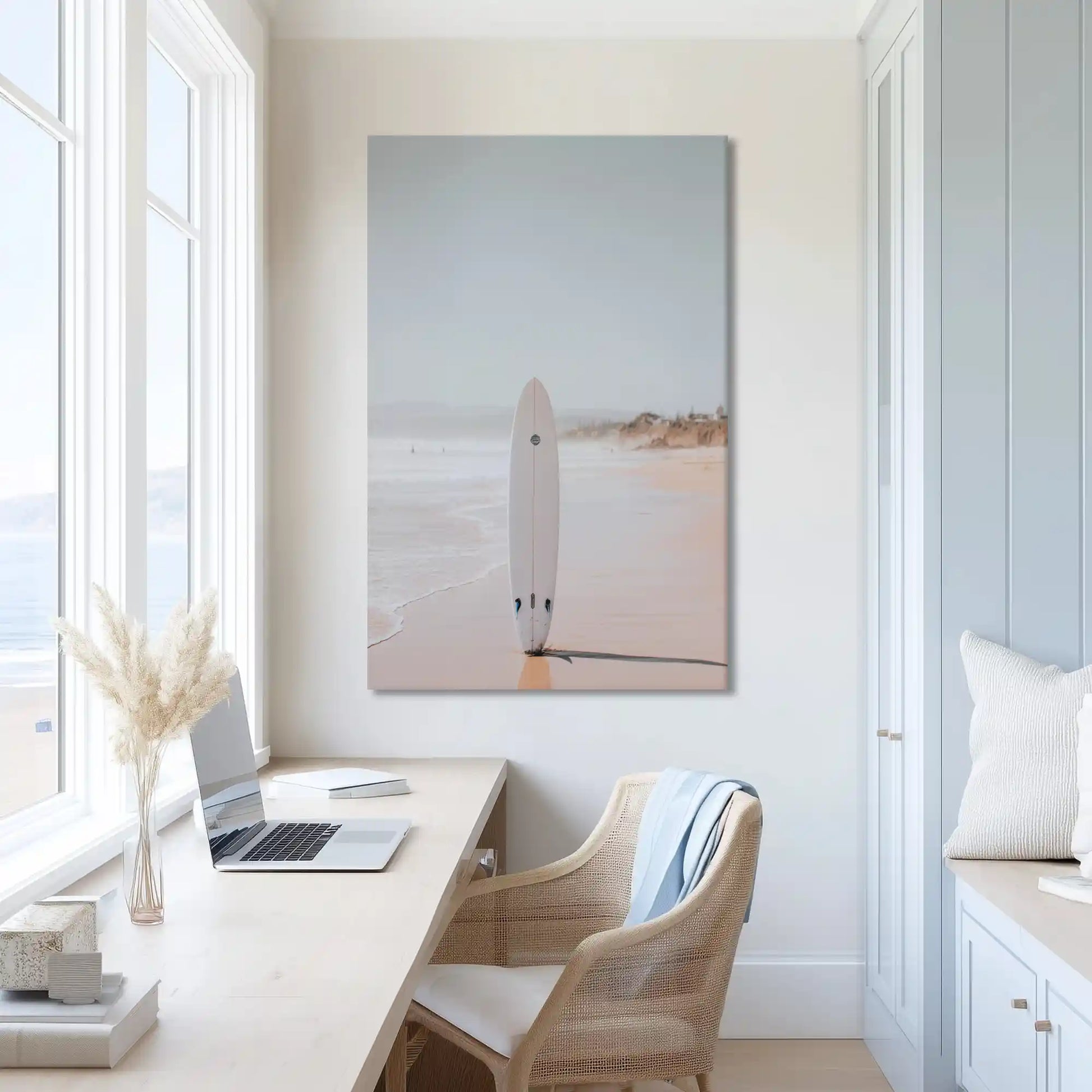 Peaceful coastal surfboard painting with soft tones for minimalist homes