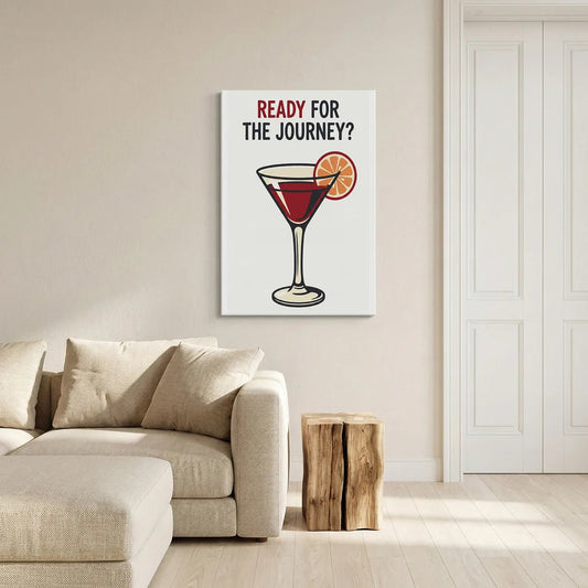 Bold cocktail-themed canvas wall art with a stylized red drink and orange slice on a white background, text reading 'READY FOR THE JOURNEY?'.