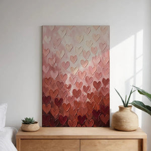 Decorative canvas print with a centered composition of repeating hearts in soft pinks and creams, evoking warmth and love