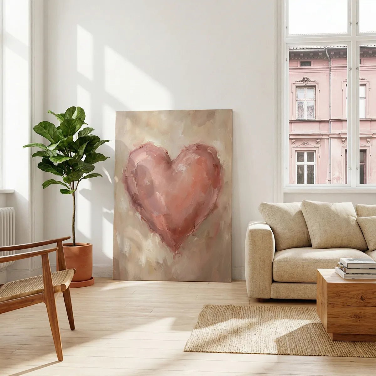 Vertical canvas art with a centralized pink heart painted in a warm pastel palette, ideal for romantic bedroom decor.