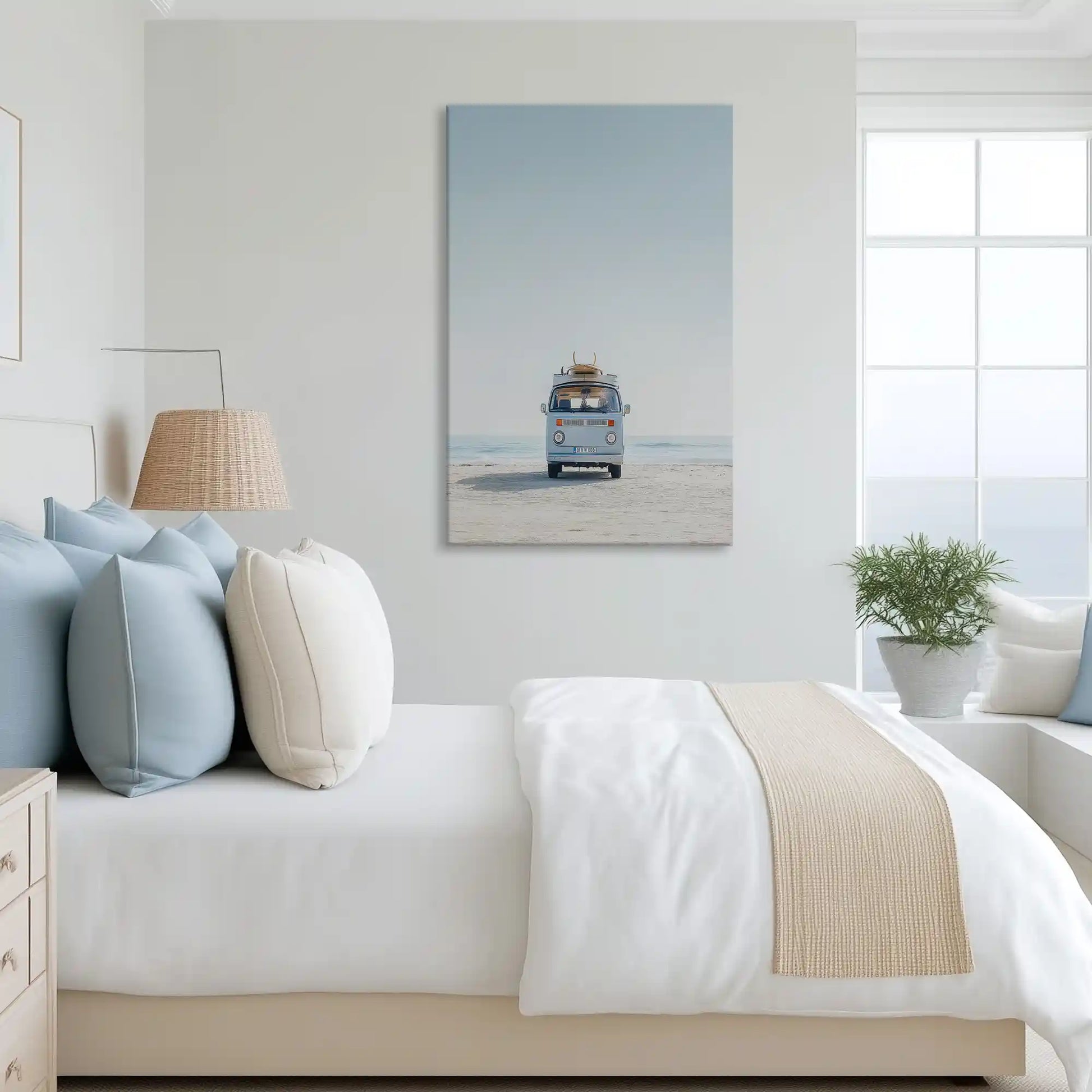 Playful beach van canvas art complementing nautical inspired interiors