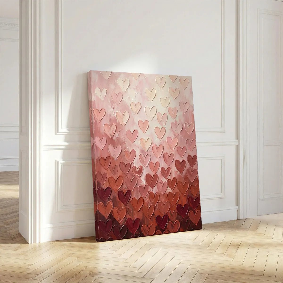 Fine art canvas featuring a dense arrangement of hearts in warm monochromatic shades, creating an affectionate mood