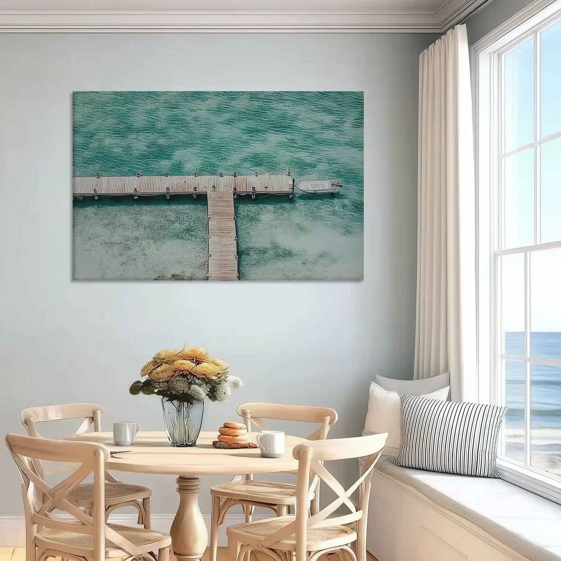 Oversized coastal pier canvas wall art enhancing bright contemporary sofa space