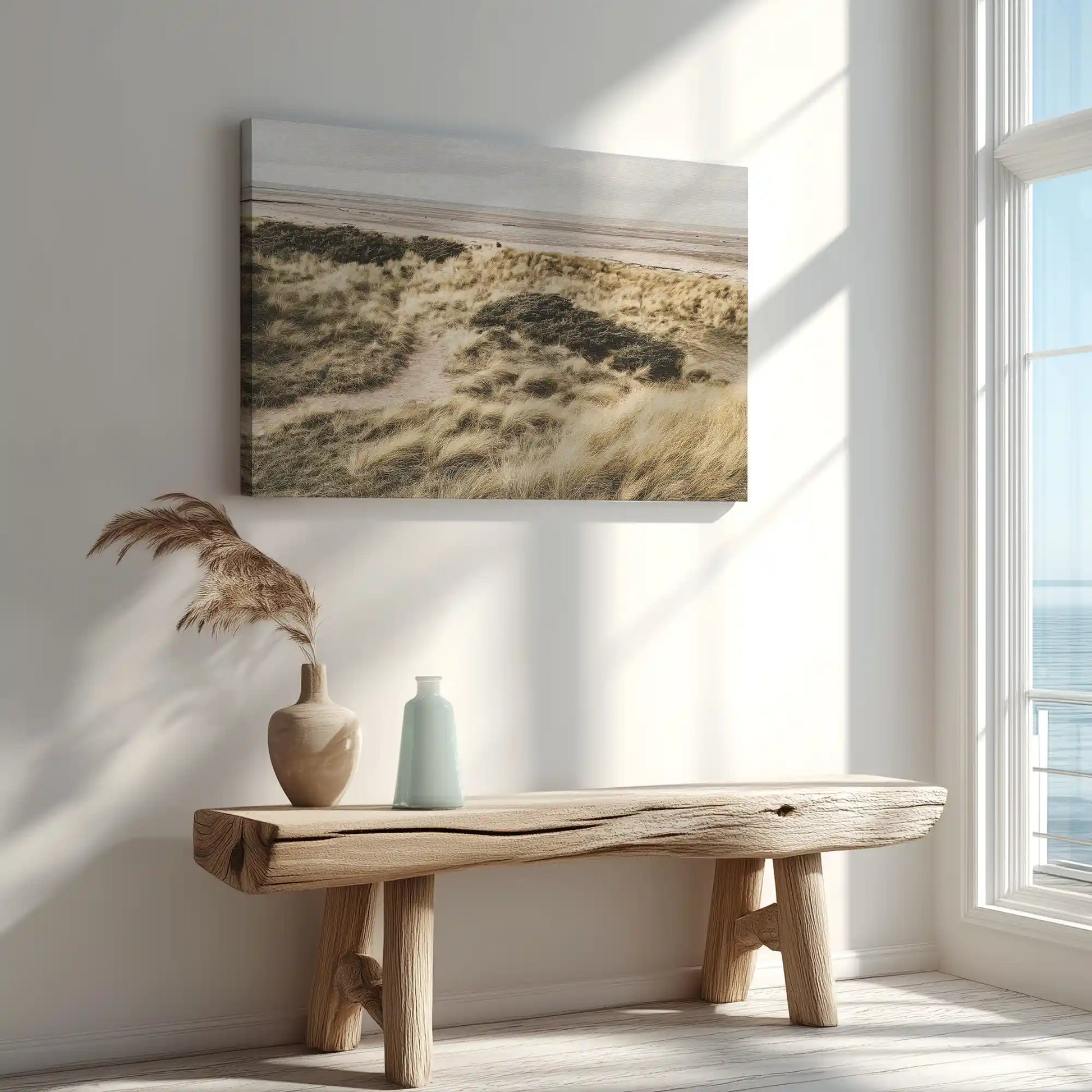 Serene shoreline painting captured in canvas art with natural minimalist style