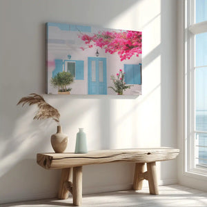 Large coastal canvas print featuring blue shutters and blooming bougainvillea accents