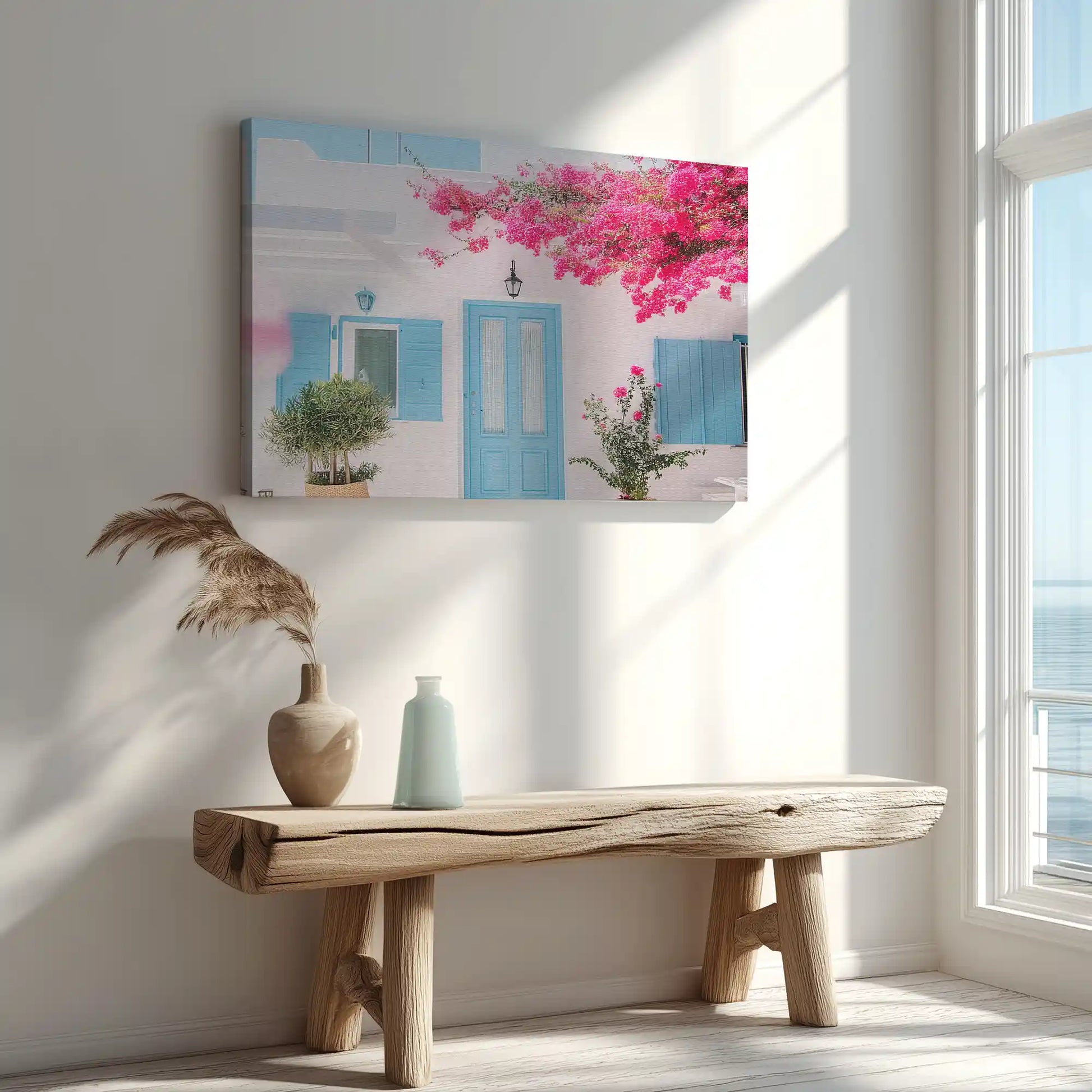 Large coastal canvas print featuring blue shutters and blooming bougainvillea accents