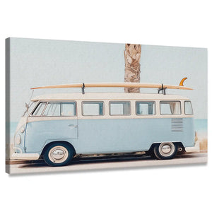 Coastal canvas wall art featuring vintage surf van with palm tree background in pastel tones