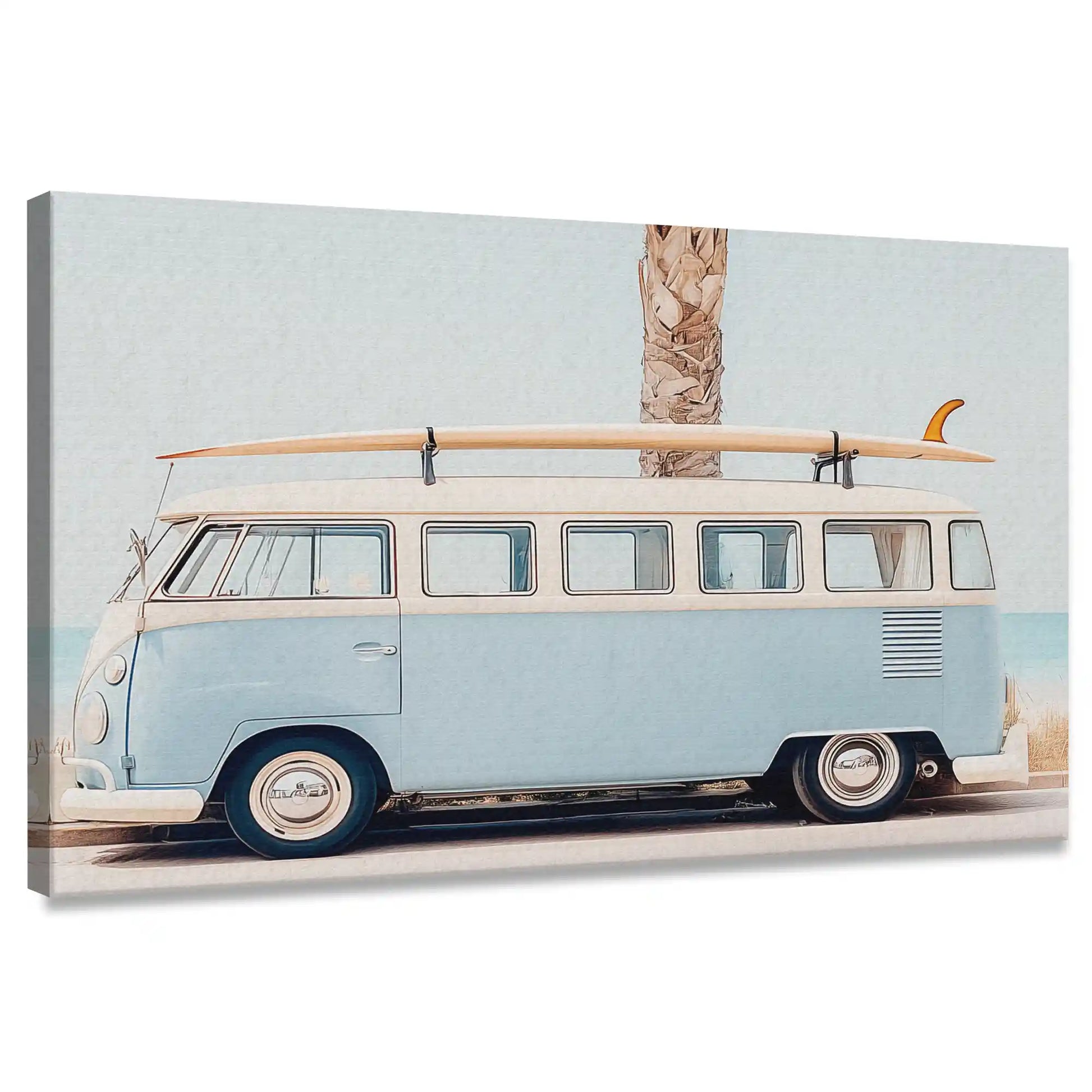 Coastal canvas wall art featuring vintage surf van with palm tree background in pastel tones