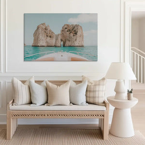 Seascape canvas wall decor showing limestone sea stacks and calm turquoise waters
