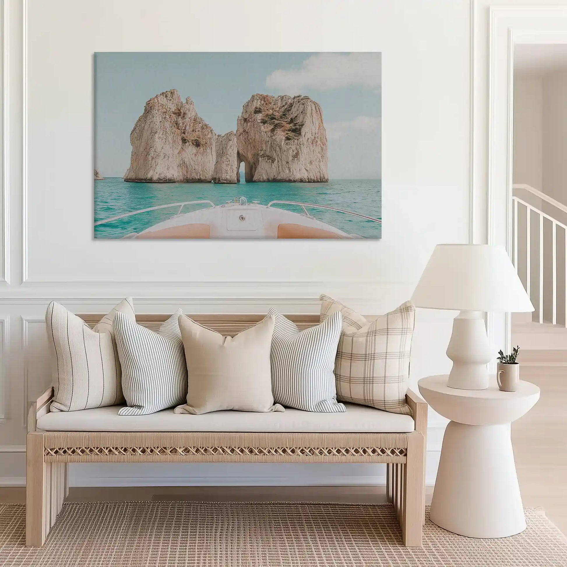 Seascape canvas wall decor showing limestone sea stacks and calm turquoise waters