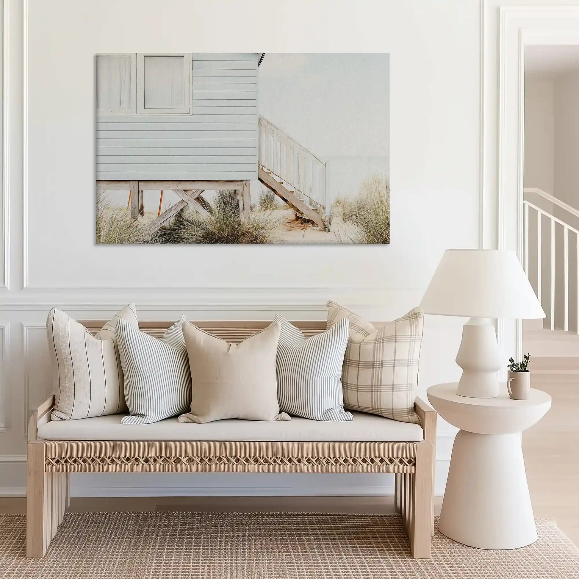 Large dune cottage canvas print perfect for above sofa placement in bright rooms