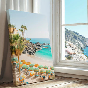 Sunlit seaside umbrellas captured in canvas print with colorful style
