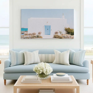Calming Mediterranean canvas art complementing minimalist modern interiors