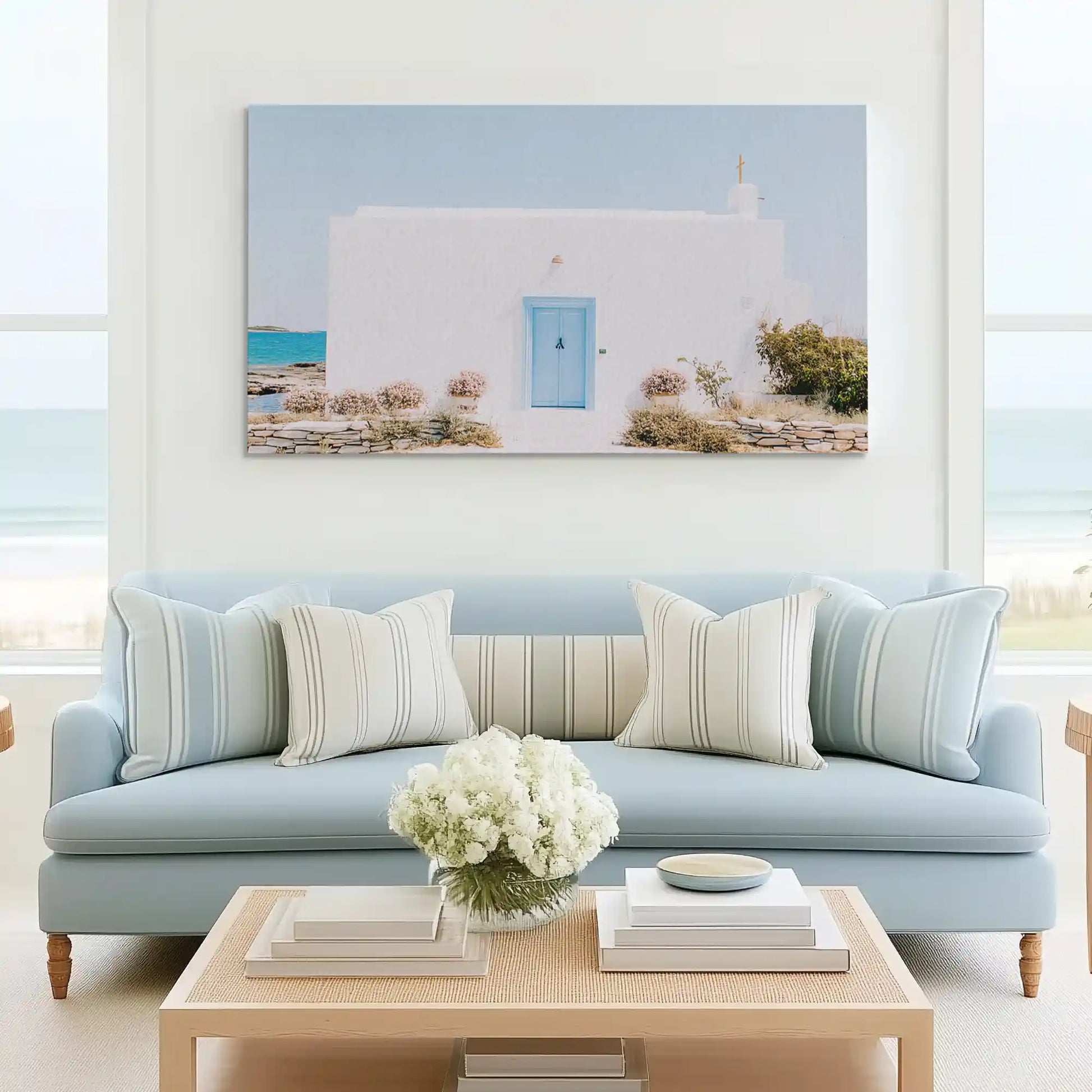 Calming Mediterranean canvas art complementing minimalist modern interiors