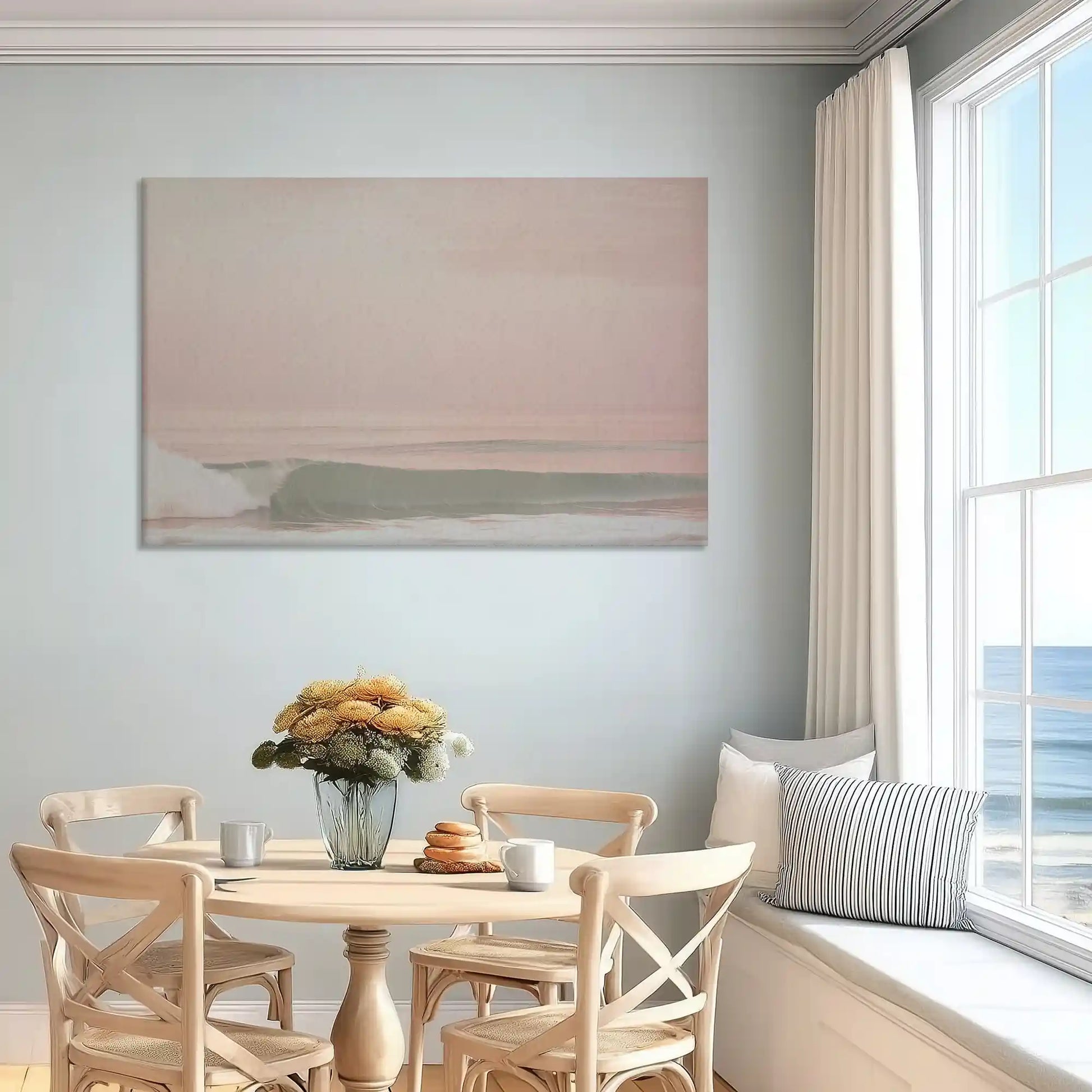 Soft pastel shoreline canvas art enhancing serene and light-filled bedroom design