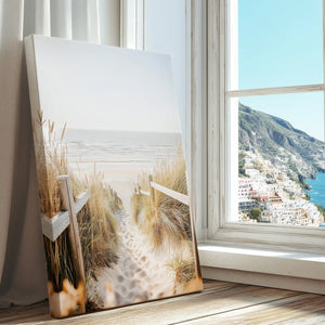 Beach path with wooden railing captured in a coastal canvas print with minimalist style