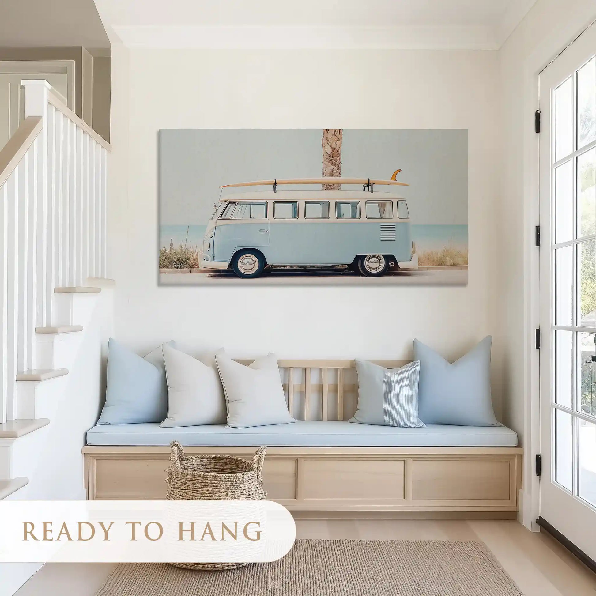 Surf-inspired coastal canvas wall art for above sofa centerpiece in modern beach homes