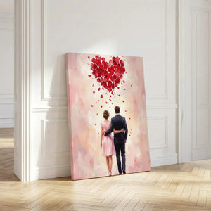 Elegant canvas artwork of two figures walking closely beneath a symbolic red heart formed by rose petals, set against a dreamy background