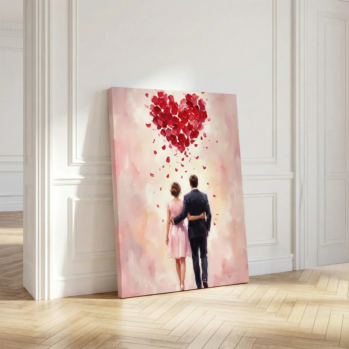 Elegant canvas artwork of two figures walking closely beneath a symbolic red heart formed by rose petals, set against a dreamy background