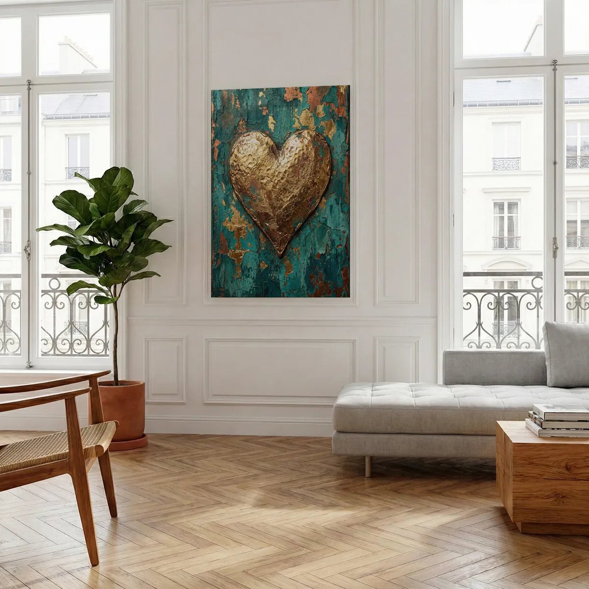 Canvas wall art print with a bold central heart in gold over a distressed teal and copper backdrop, ideal for industrial decor.