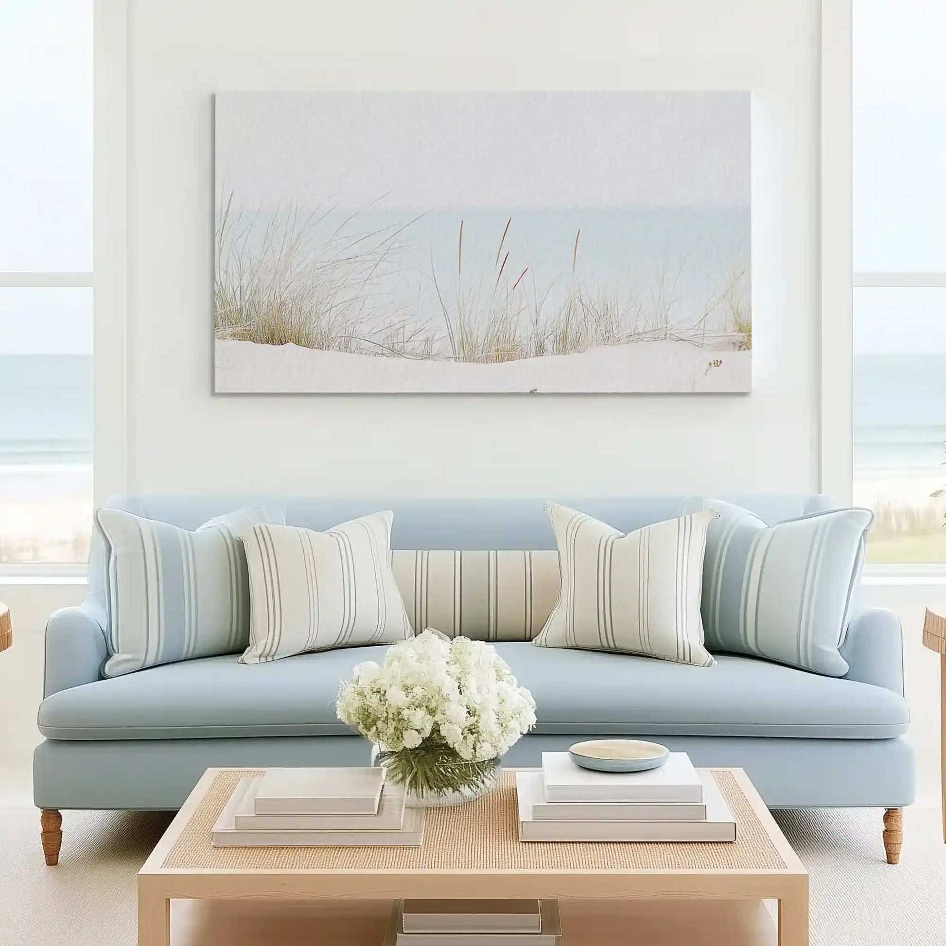 Tranquil shoreline grass canvas wall art complementing Scandinavian-inspired décor