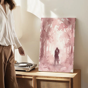 Modern canvas art depicting a loving couple in a rose-hued forest with impressionistic watercolor brushwork.
