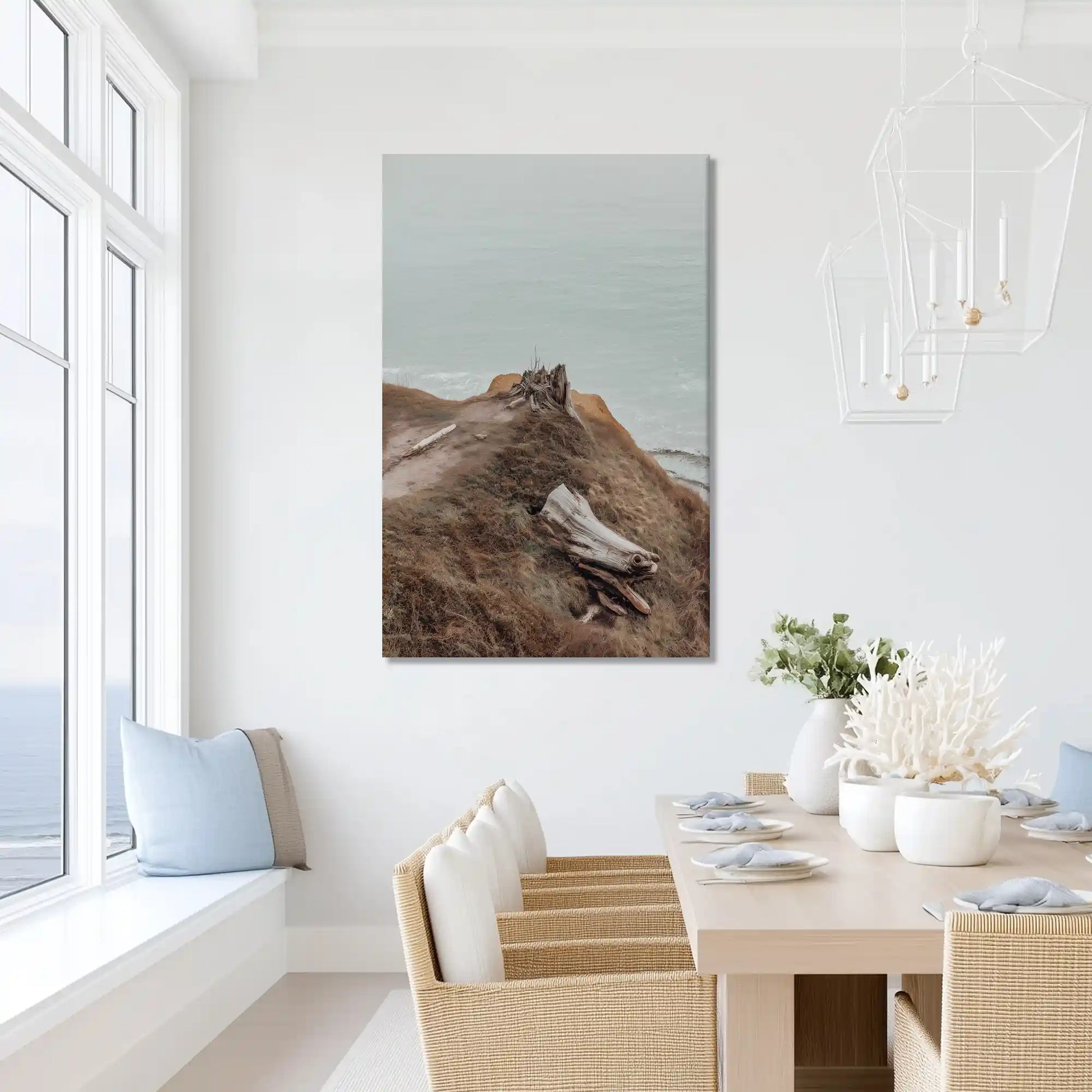 Peaceful driftwood bluff painting with muted hues, ideal for bedroom or dining room design