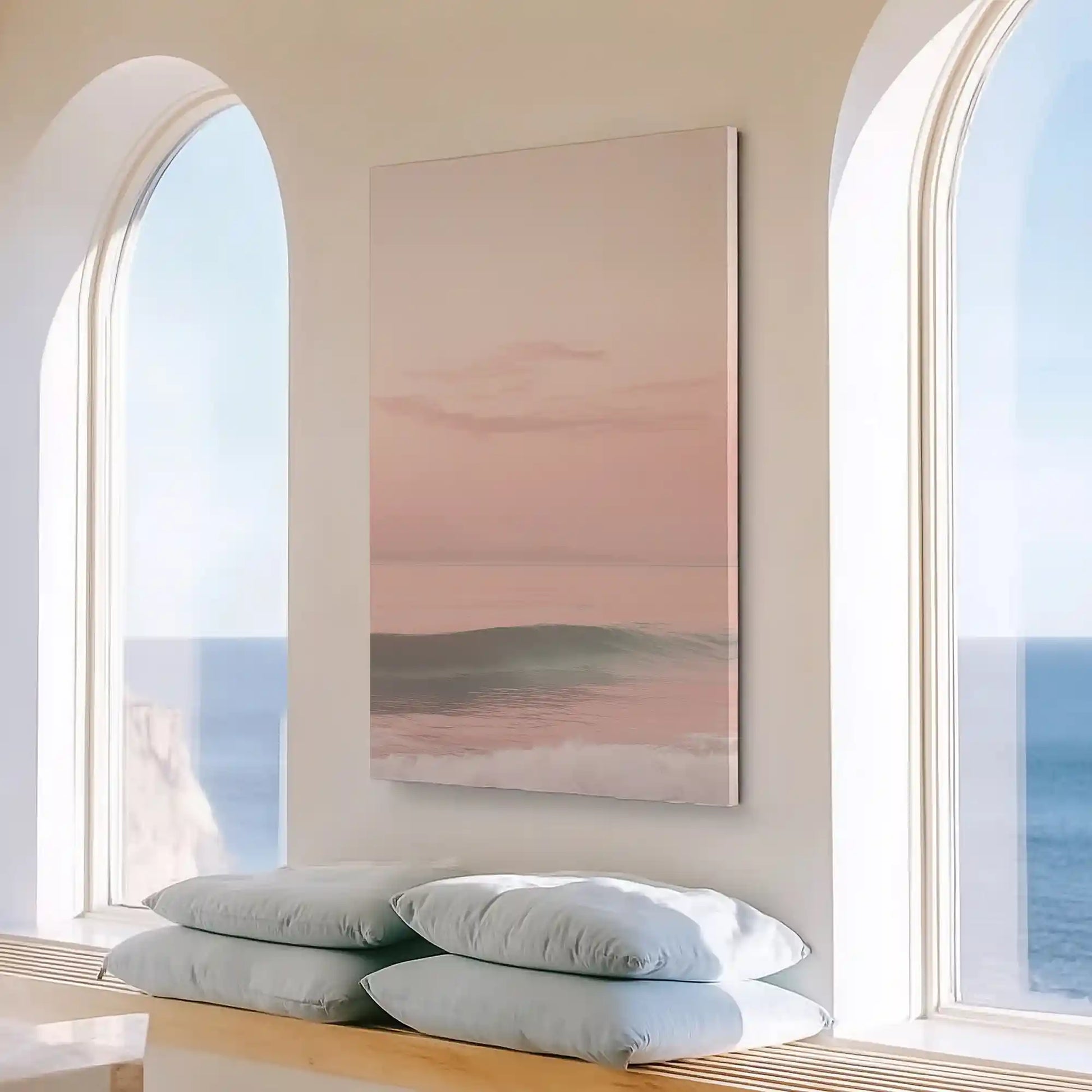 Large vertical pink sunset painting perfect for enhancing contemporary living room spaces
