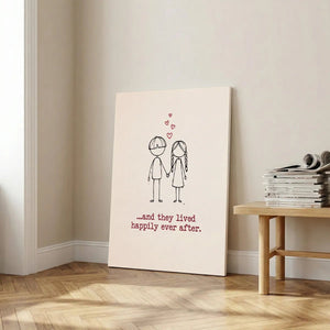 Fine art canvas with a clean line drawing of a boy and girl holding hands, accented by red hearts and playful handwritten text.