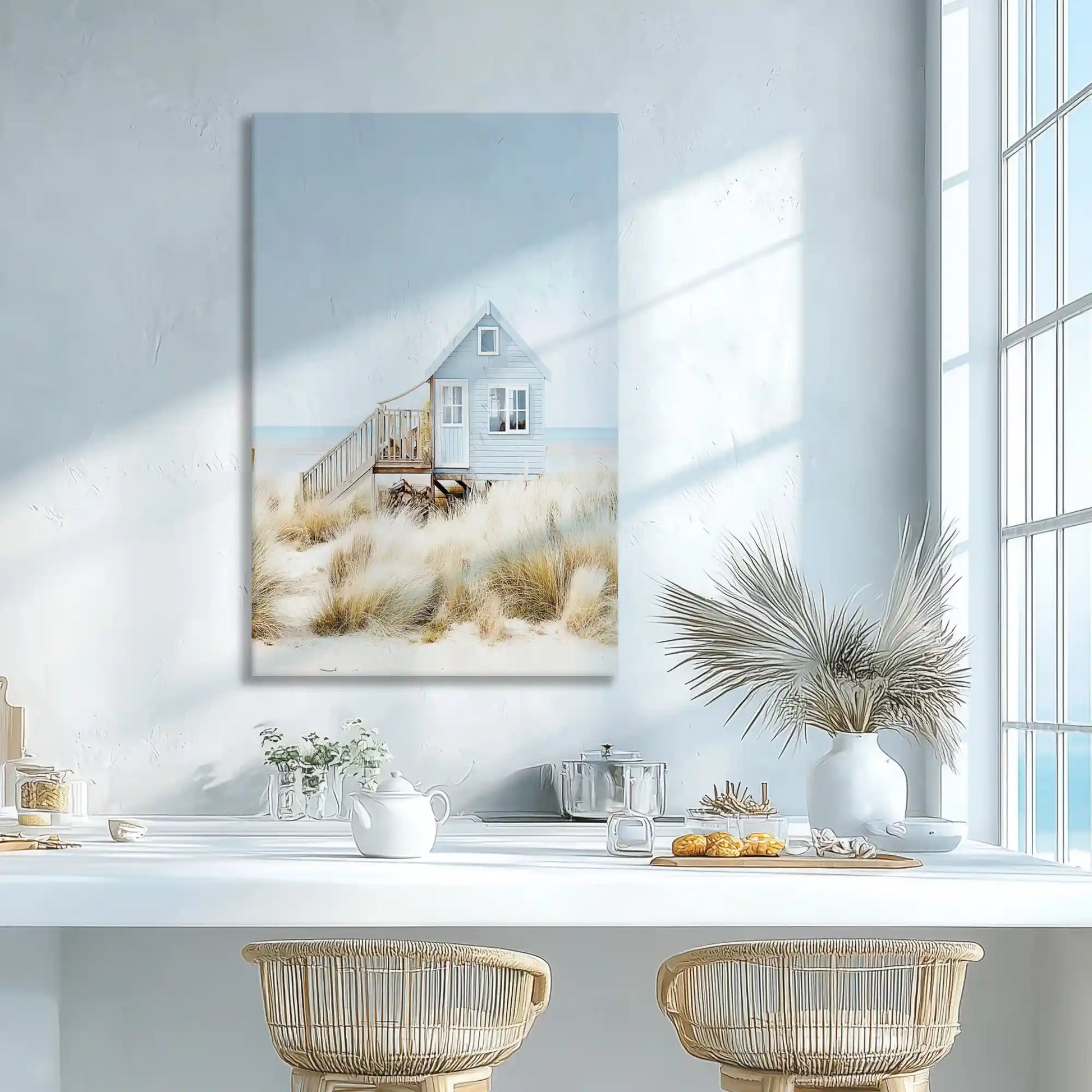 Soft seaside cottage wall decor enhancing bright dining room interiors