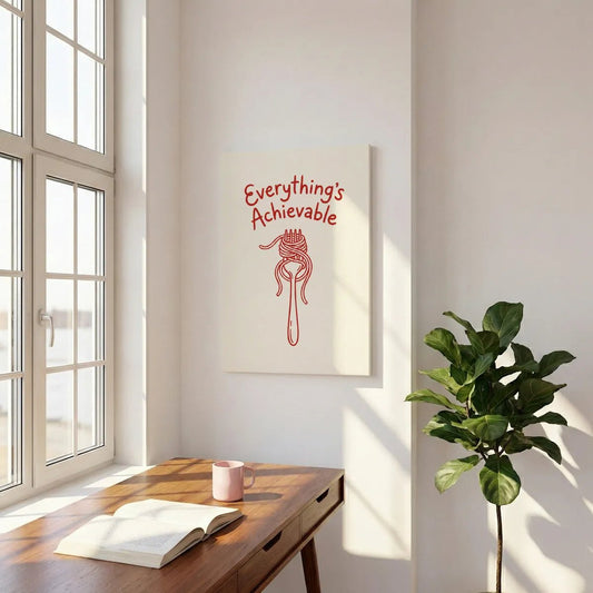 Playful canvas wall art with red spaghetti-wrapped fork illustration and motivational text in a clean, modern style.