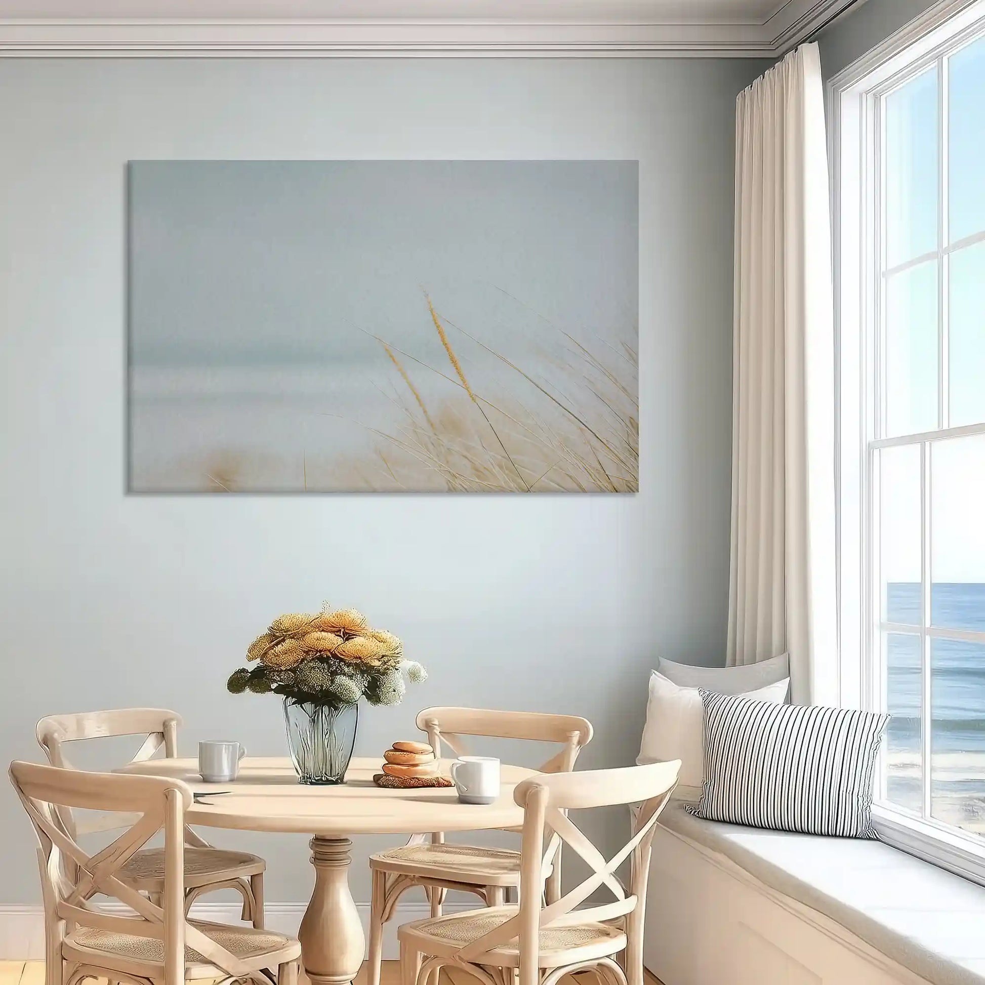 Soft beige shoreline canvas art enhancing serene bedroom wall design