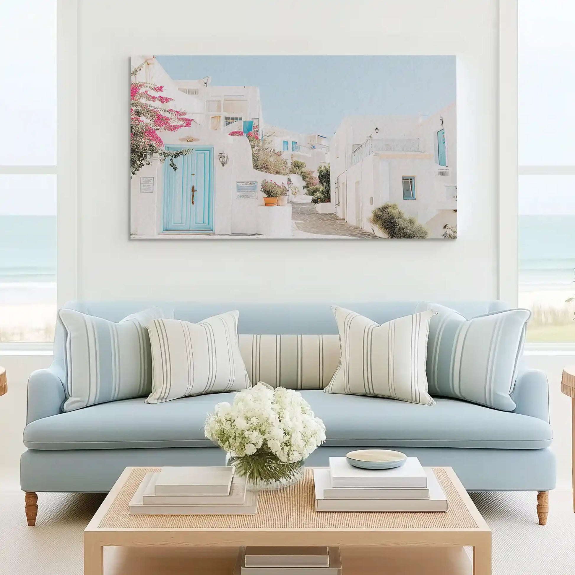 Large seaside village canvas print perfect for above sofa placement in bright rooms