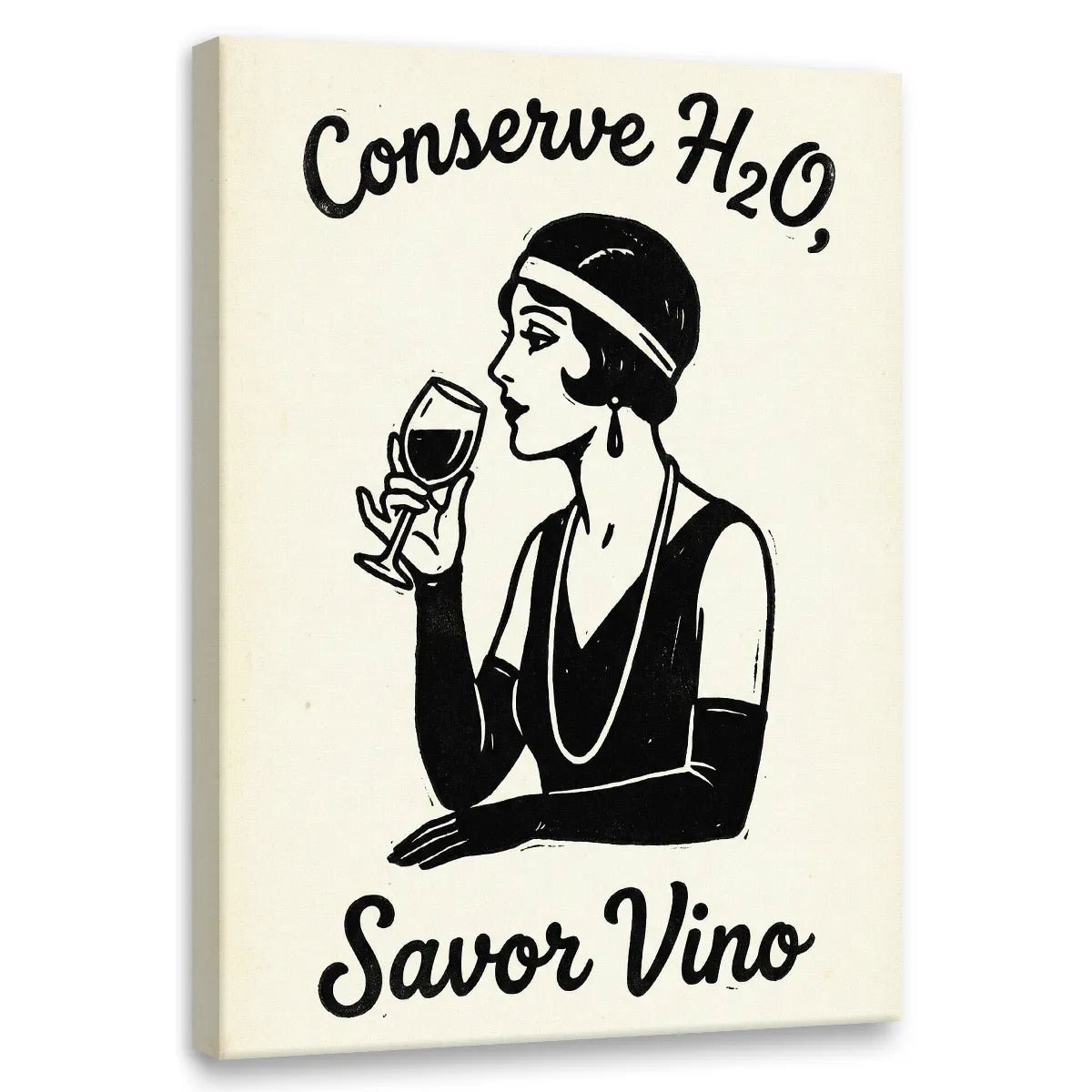 Vintage-style canvas wall art featuring a 1920s woman with bob haircut and wine glass, bold monochrome Art Deco design
