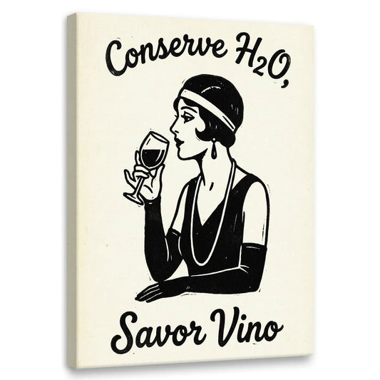 Vintage-style canvas wall art featuring a 1920s woman with bob haircut and wine glass, bold monochrome Art Deco design