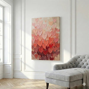 Impressionist canvas print showing vibrant heart forms in maroon and beige, gradually dispersing toward the top.