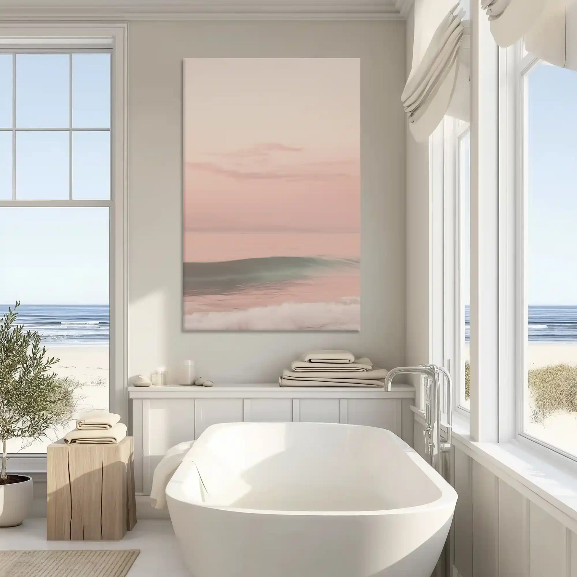 Romantic pink ocean canvas art enhancing modern wall decor with dreamy sunset serenity
