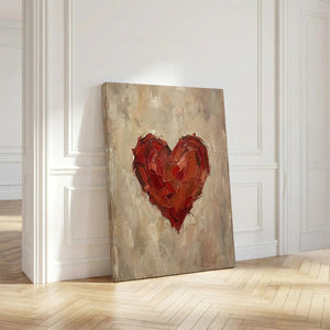 Bold red heart rendered in impasto style on a cream and brown background, shown as canvas wall decor.