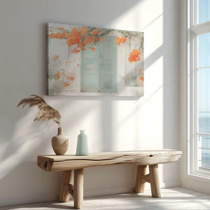 Charming doorway scene captured in canvas print with rustic floral style and coastal elegance